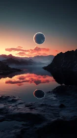Exoplanet moonrise over reflective alpine lake at dusk