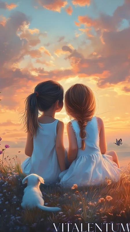 Two Children Gazing at Dramatic Sunset Over Wildflower Meadow