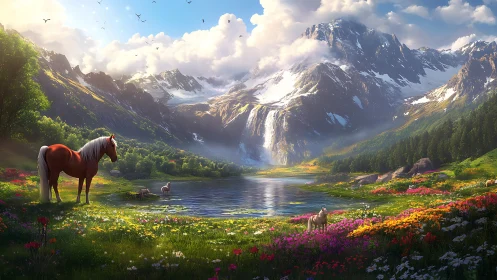 Serene horses rest beside a lake in radiant alpine spring.