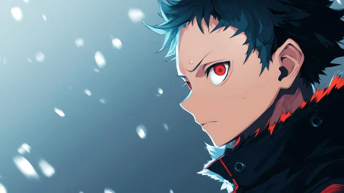 Storm-eyed anime hero braving a quiet snowfall in focus.