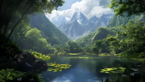 Mountain lake glows beneath towering snowlit peaks.