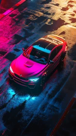 Neon-soaked sports car prowling a rain-slick midnight runway.