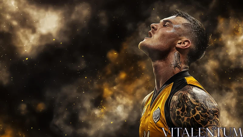 Athlete in yellow jersey rendered with high contrast bokeh dust field