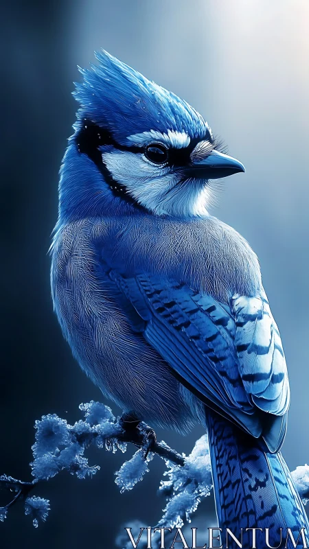 Frosted Blue Jay Perched on Icy Winter Branch.
