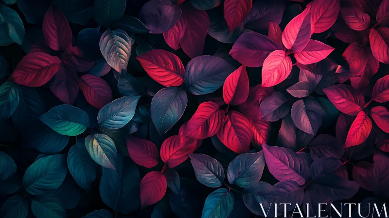 Multicolored foliage pattern with red and teal-toned leaves.