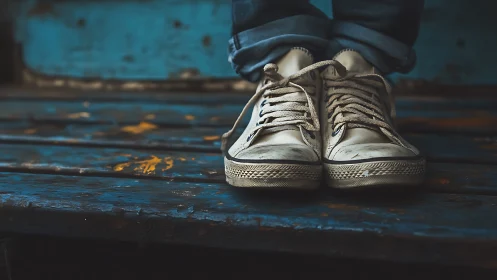 Worn canvas sneakers resting on a weathered wooden step.