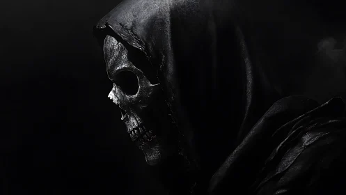 Grim reaper profile in shadowed monochrome shroud.