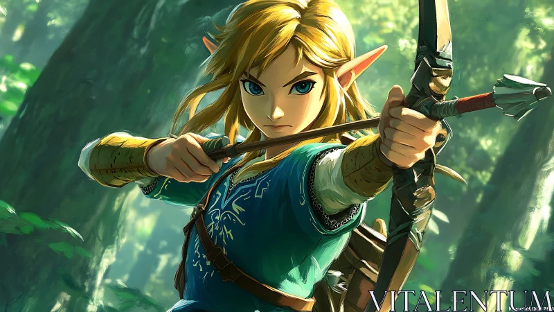 Heroic forest archer draws a focused shot in soft sunlight