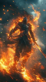 Flaming armored warrior strides through stormlit inferno.