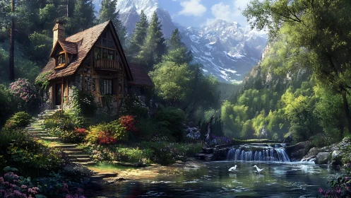 Storybook river cottage under watchful, snowcapped peaks.
