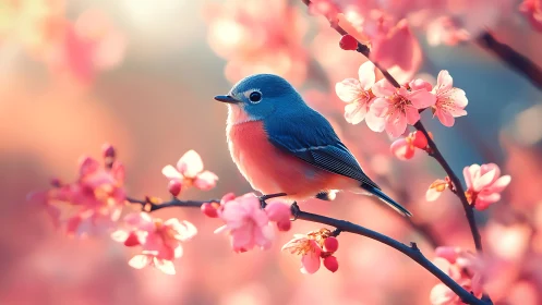 Bluebird on Cherry Blossom Branch in Soft Pastel Spring Light.