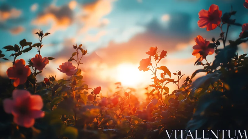 Radiant Red Flowers Glowing in Golden Sunset Light