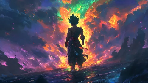 Silhouetted warrior before multicolored sky vortex scene.