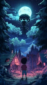 Moonlit child beneath towering cosmic explosion clouds.