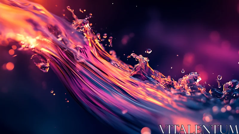 Molten neon water arc curves across dark blurred background