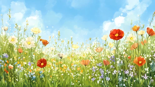 Bright wildflower meadow glowing under a soft summer sky.