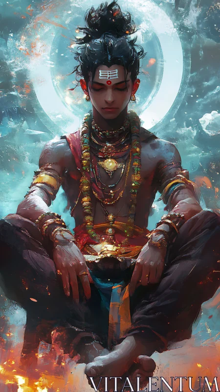 Celestial warrior monk in blazing meditative trance.