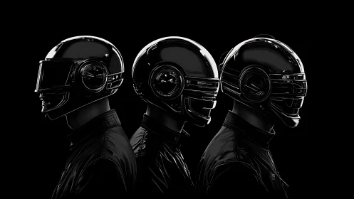 Triadic chrome visors in synchronized cybernetic silhouette.