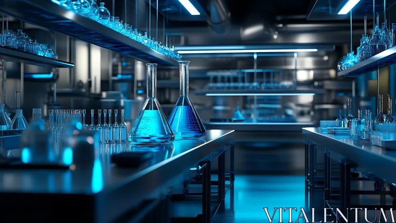 Futuristic blue-lit laboratory with glassware and beakers.