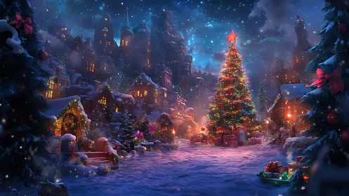 Snowy village square glows around towering Christmas tree