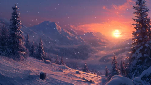 Snowy mountain valley glows softly in a peaceful winter sunset