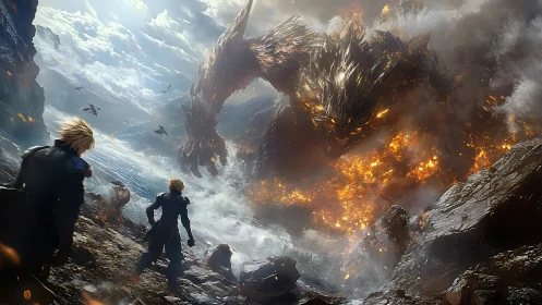 Warriors confront colossal fire titan above stormy shoreline