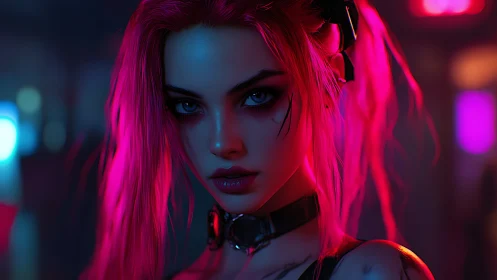 Neon-lit cyberpunk portrait uses rim lighting and shallow focus