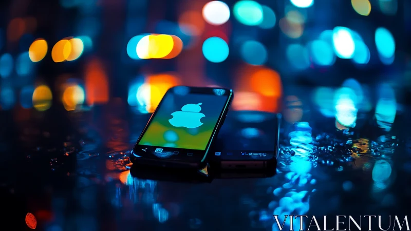 Glowing smartphone on wet street amid neon bokeh lights.