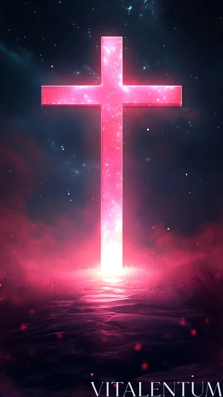 Luminous neon cross portal dominates a cosmic nightscape