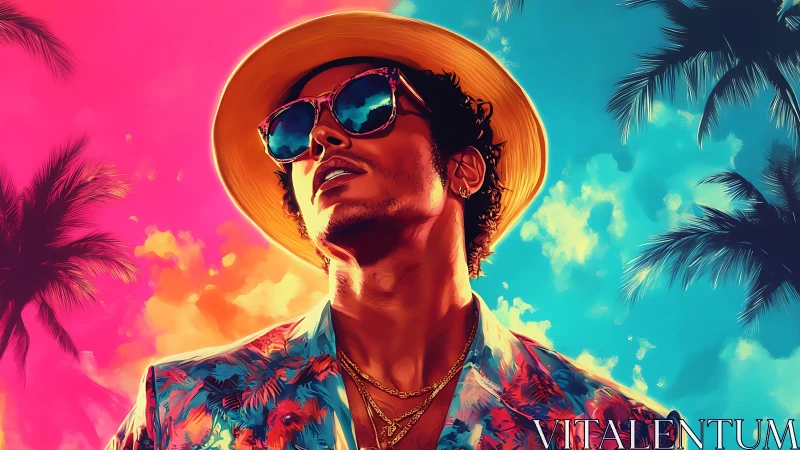 Man in tropical attire under vivid sunset sky.