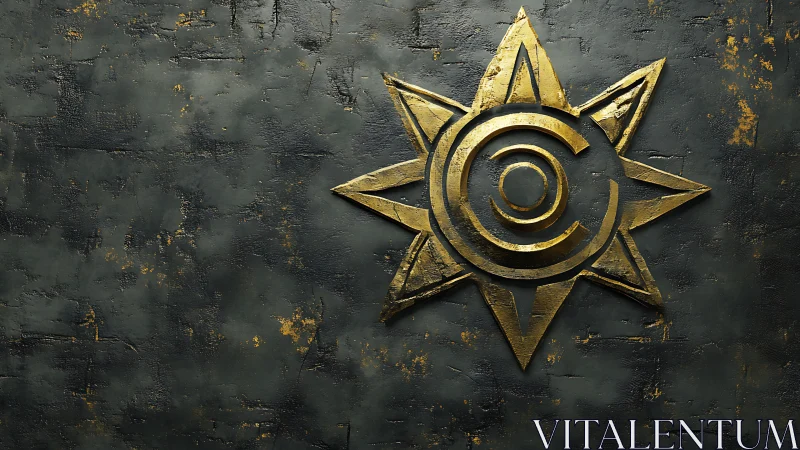 Gilded copyright sun emblem carves light into weathered stone