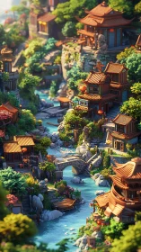 Miniature riverside village with ornate East Asian temples.