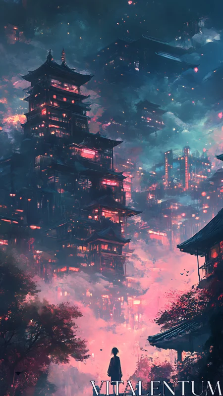 Neon pagoda skyline rising through luminous cyber fog.
