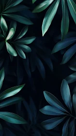 Dark background with layered teal tropical leaves pattern.