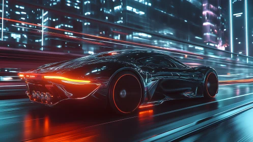 Futuristic electric sports car on neon city expressway.