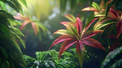 Spectral foliage cluster under volumetric rainforest light.