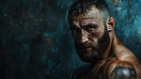 Battle-worn fighter portrait with bruised skin and stare.
