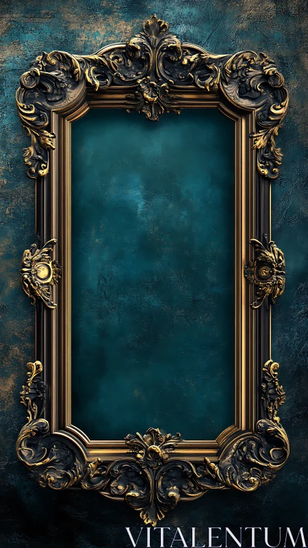 Baroque ornate gold frame surrounds teal textured void