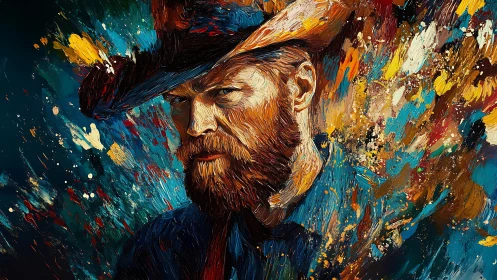 Oil impasto cowboy portrait with explosive chromatic motion.