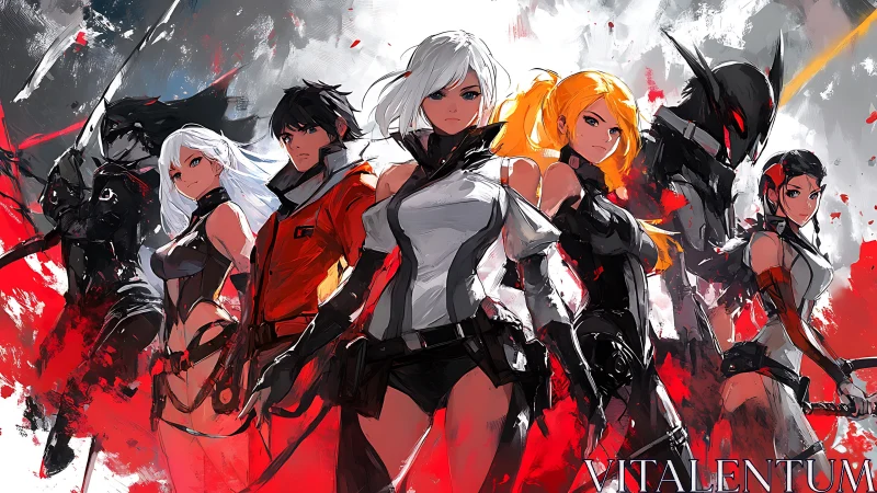 Dynamic anime strike team in high-contrast tactical composition.