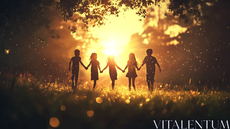 Children united in golden sunset light holding hands together