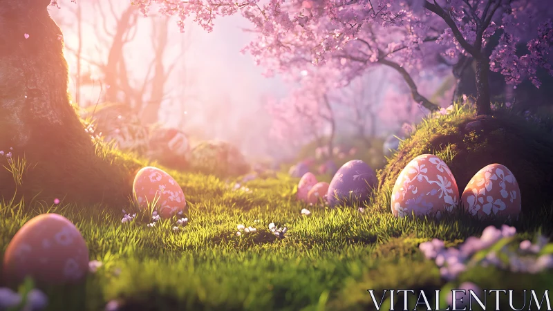 Radiant spring glade with patterned eggs under blossom haze.