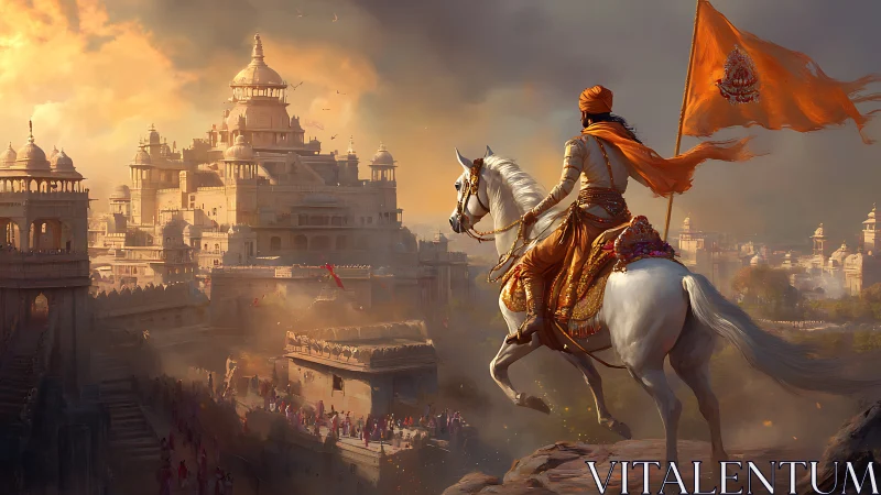 Warrior on white horse surveys sunlit fortress city below