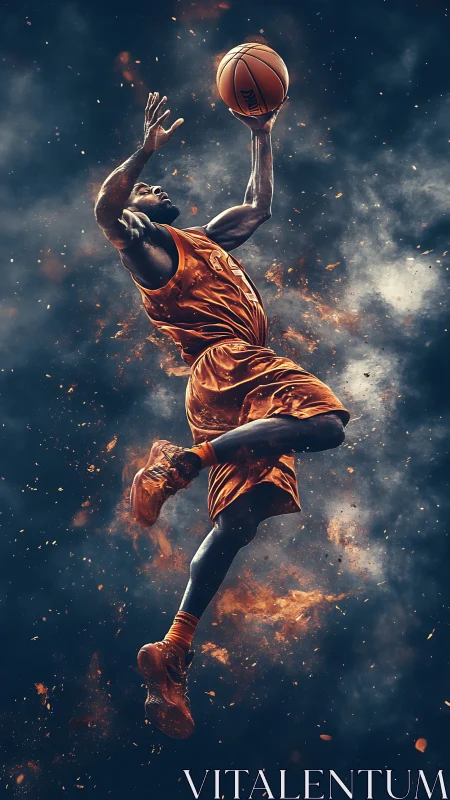Dynamic basketball dunk rendered in fiery digital realism