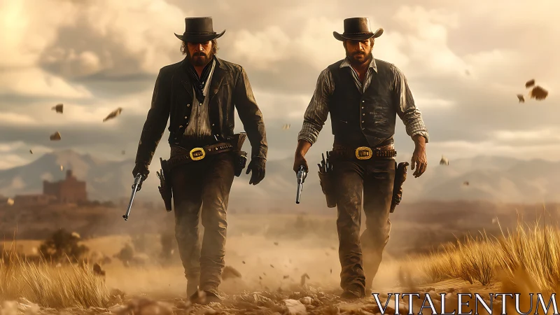 Two armed cowboys walking through dusty western plains.