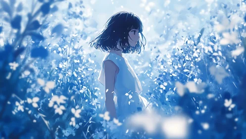 Girl in blue flower field under soft glowing daylight.