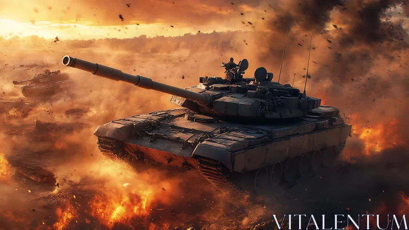 Main battle tank advancing through high-energy firestorm theater.