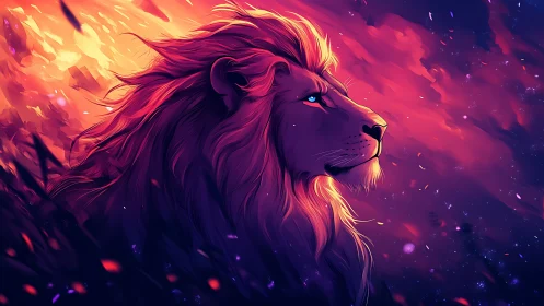 Lion of twilight skies watching embers drift by.