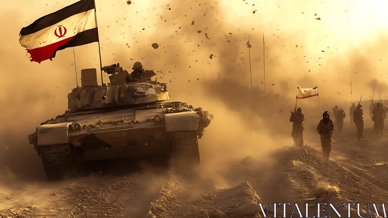 Armored column advances through dust lit by golden war haze.