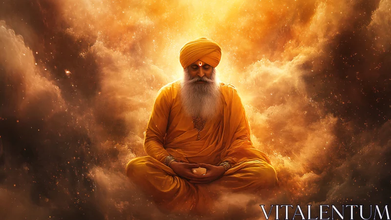 Mystical bearded guru in orange robes amid glowing clouds.